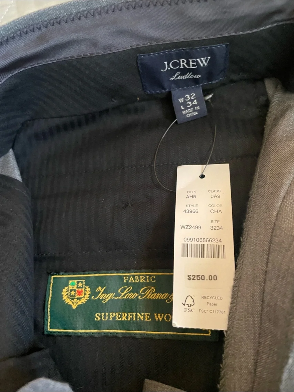J. CREW Ludlow Slim-fit suit pant‎ in Italian wool Gray Size 32 NWT $250 43966